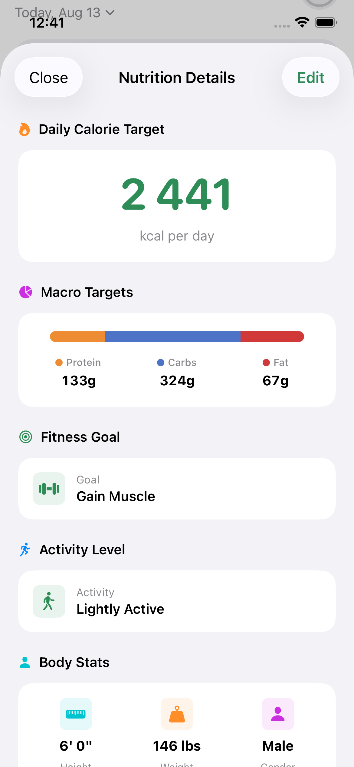 Nutrition Details app screen showing daily calorie target, macro targets, fitness goal, activity level, and body stats