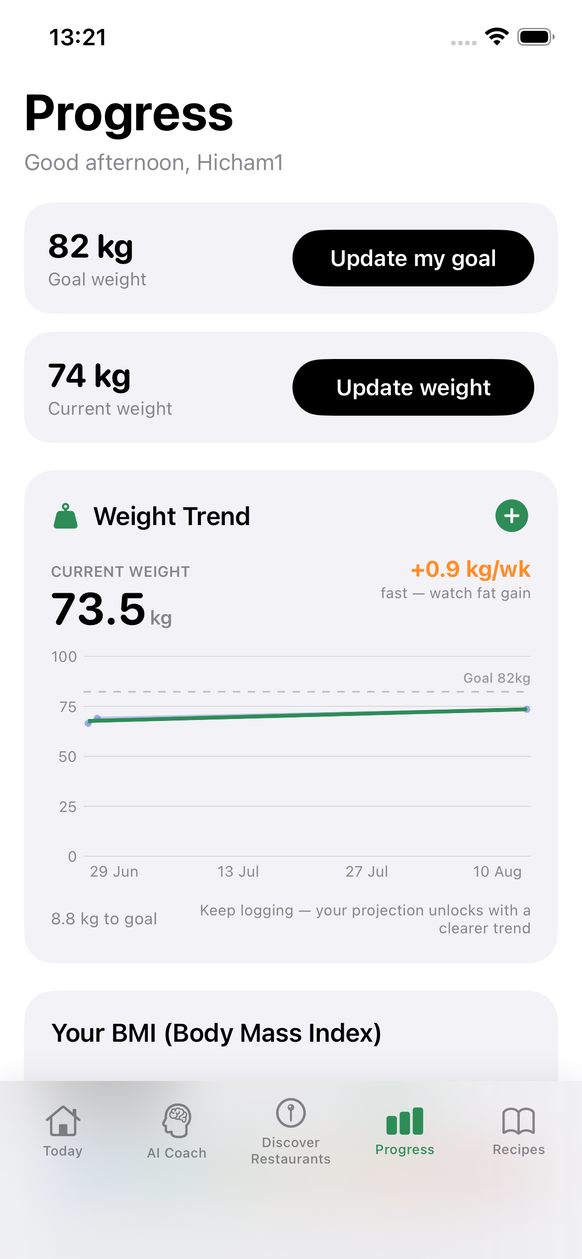 NutriFinder Progress screen showing goal weight, current weight, and Weight Trend chart