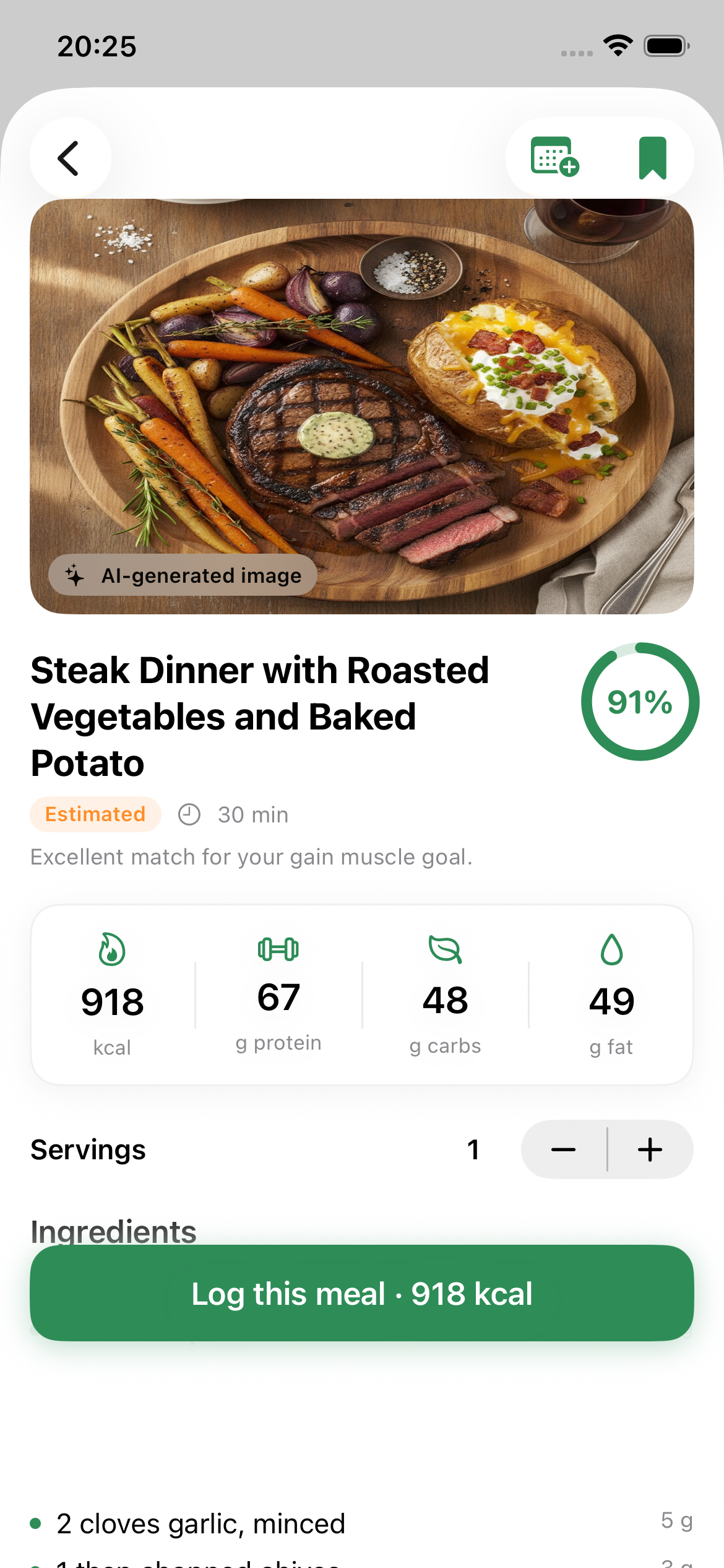 NutriFinder recipe detail screen showing a complete meal with nutrition