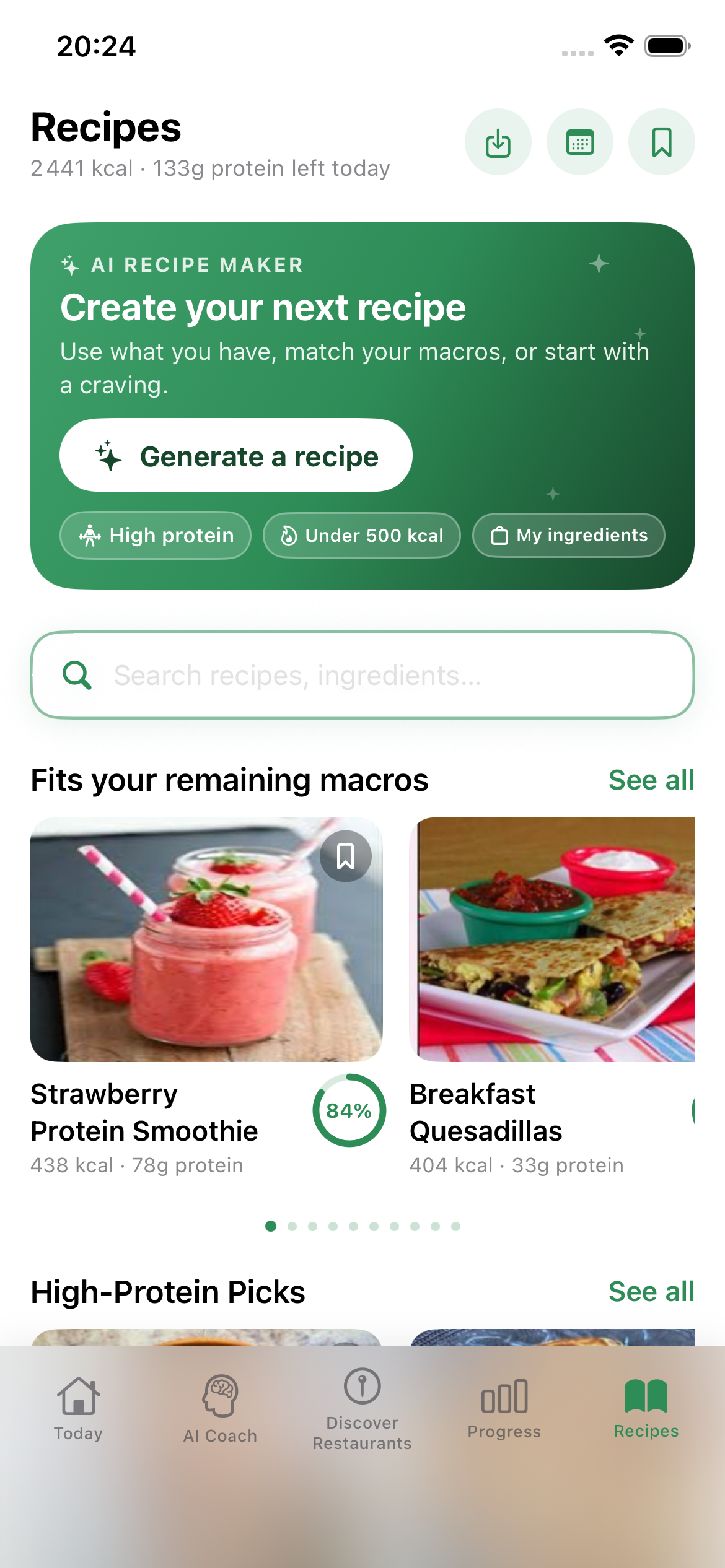 NutriFinder Recipes screen with AI recipe maker and meal suggestions