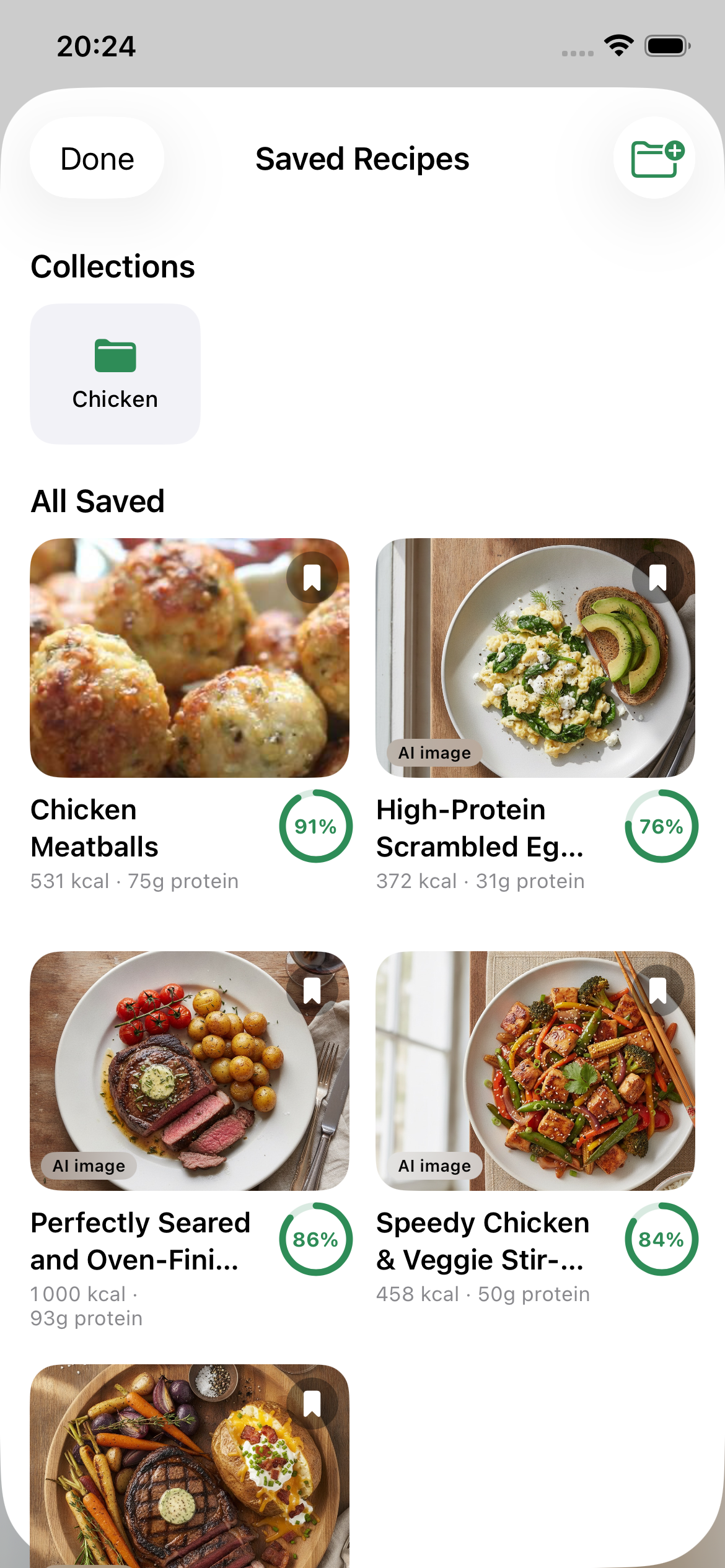 NutriFinder Saved Recipes screen with collections and saved meals