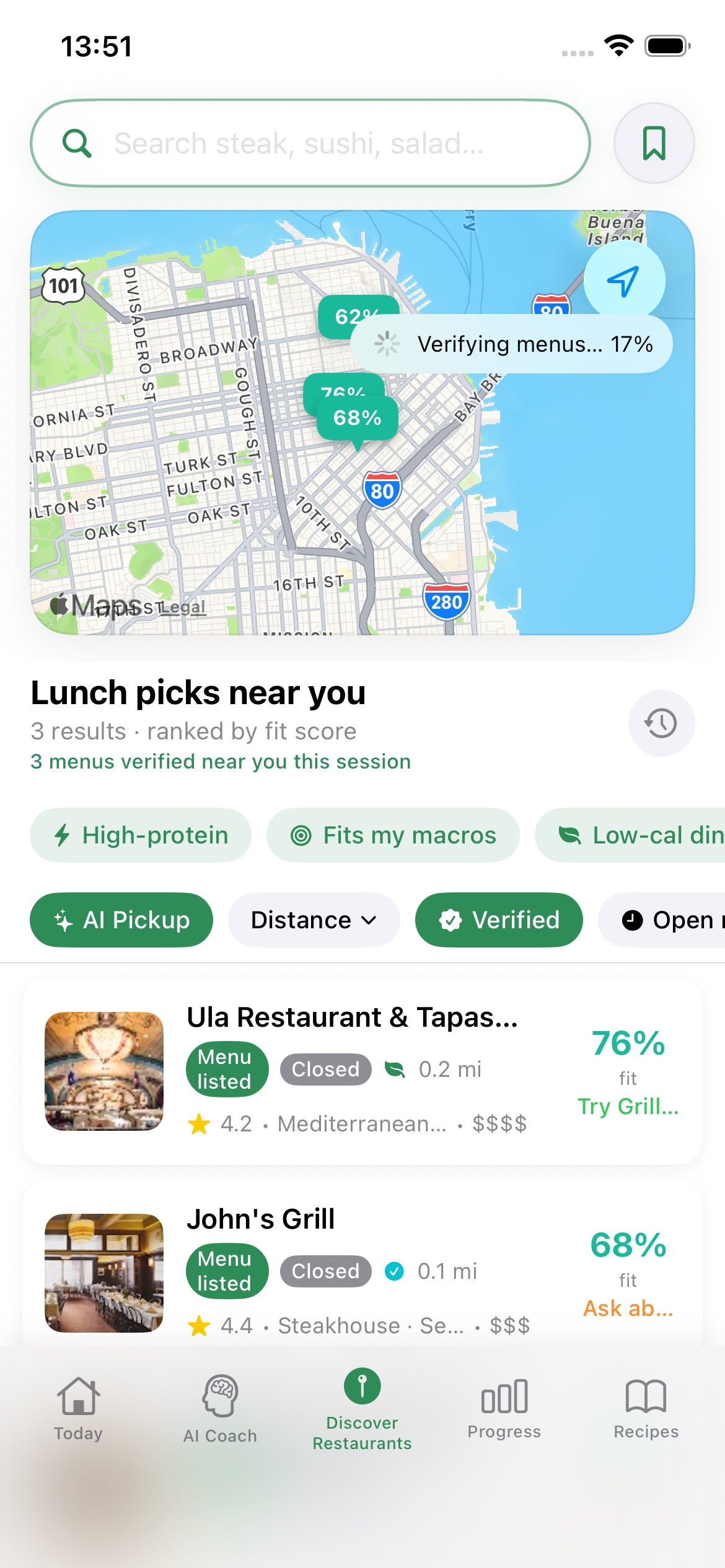 Restaurant discovery app showing a map, fit-score markers, verified menus, lunch picks, filters, restaurant cards, and bottom navigation