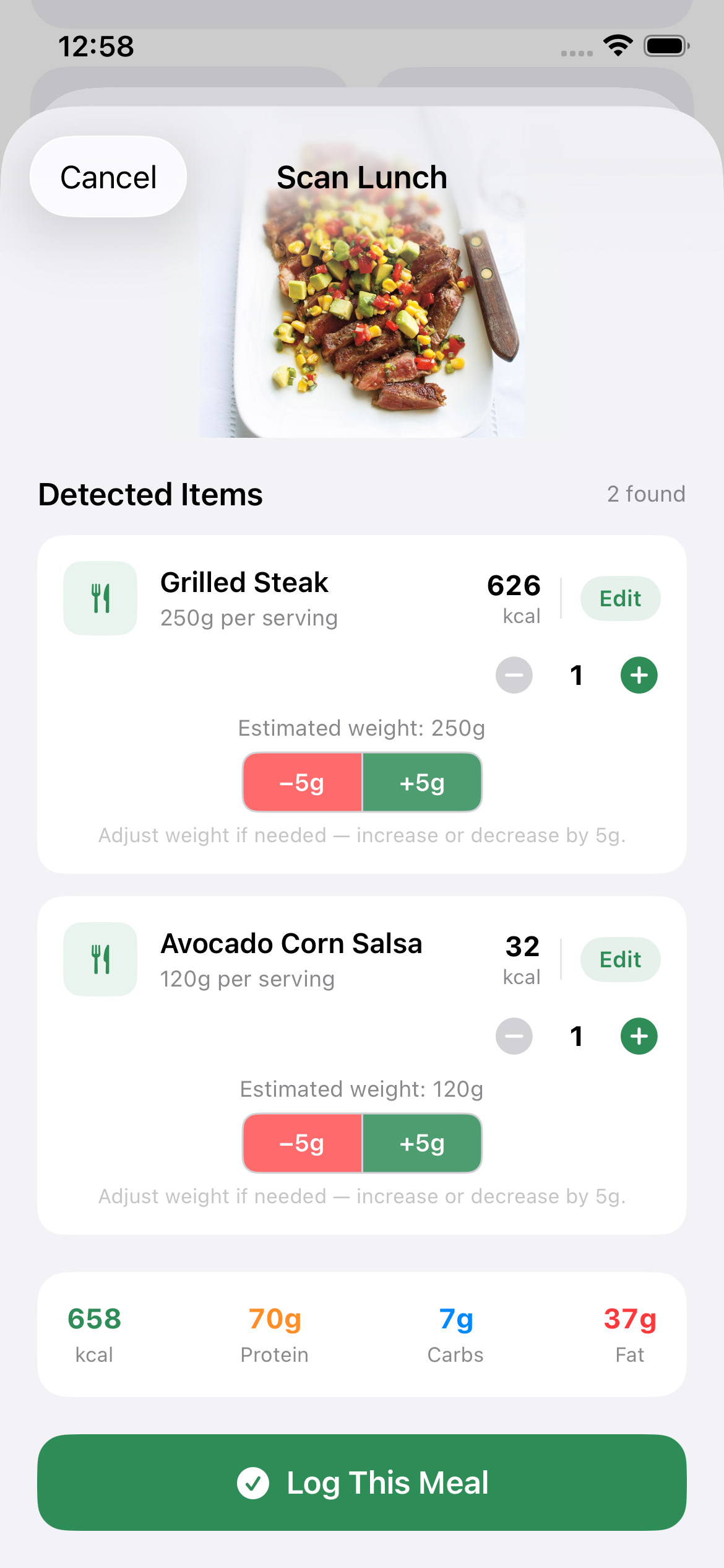 Scan Lunch app screen showing a detected grilled steak meal, nutrition totals, and Log This Meal action